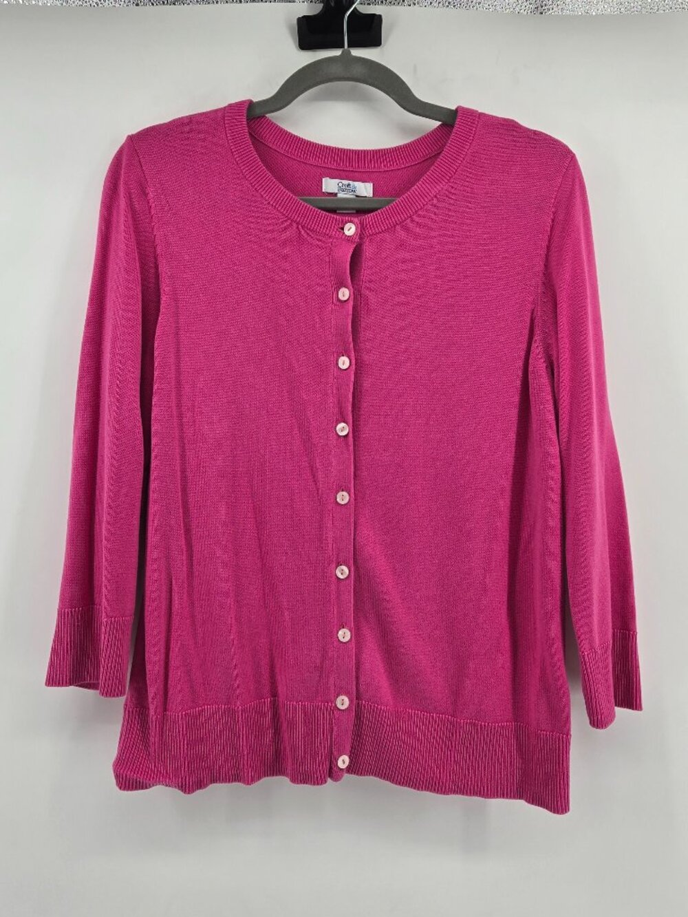 Croft & Barrow Essential Button-Front Crewneck 3/4 Sleeve Cardigan - M Magenta